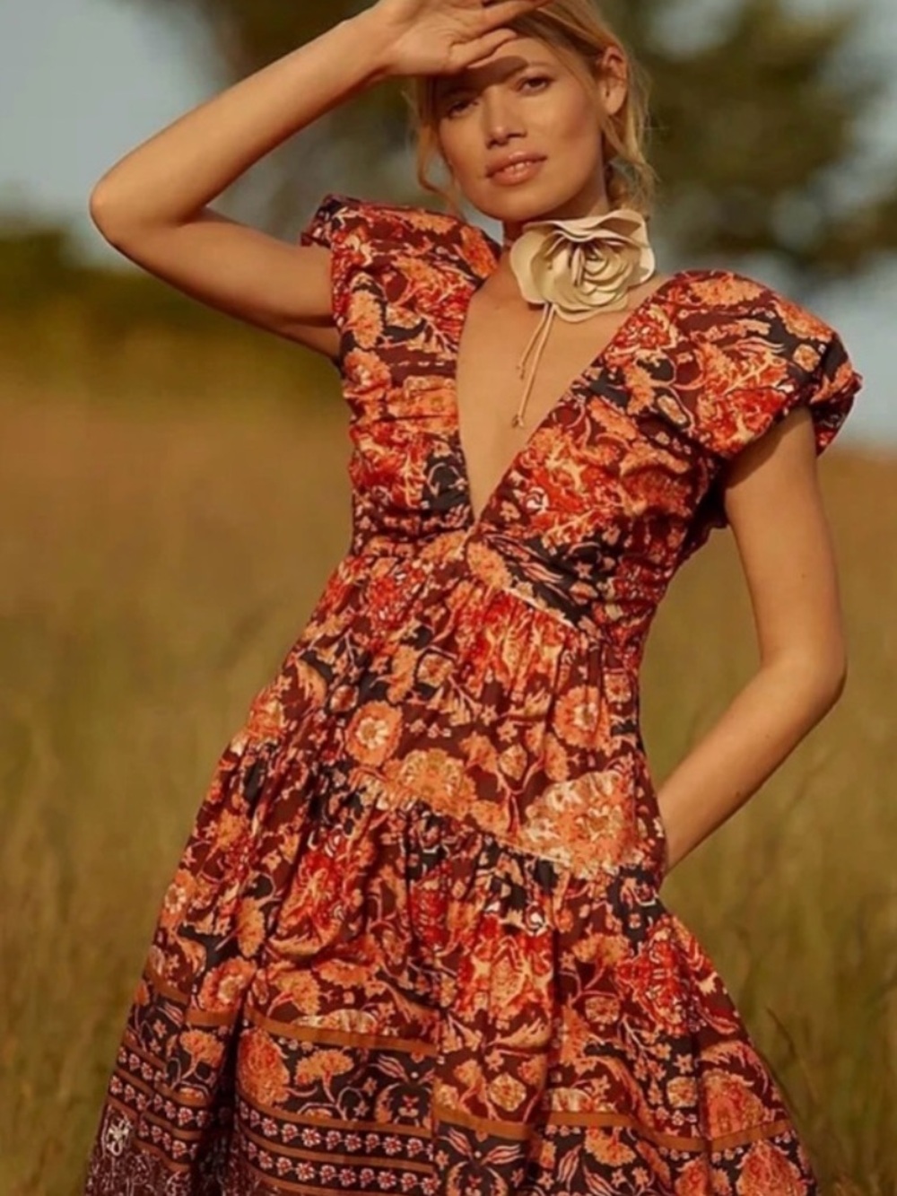 NWT Anthropologie Red and Burnt Orange Floral Midi Dress With Back Tie.Size 10 - Picture 4 of 10